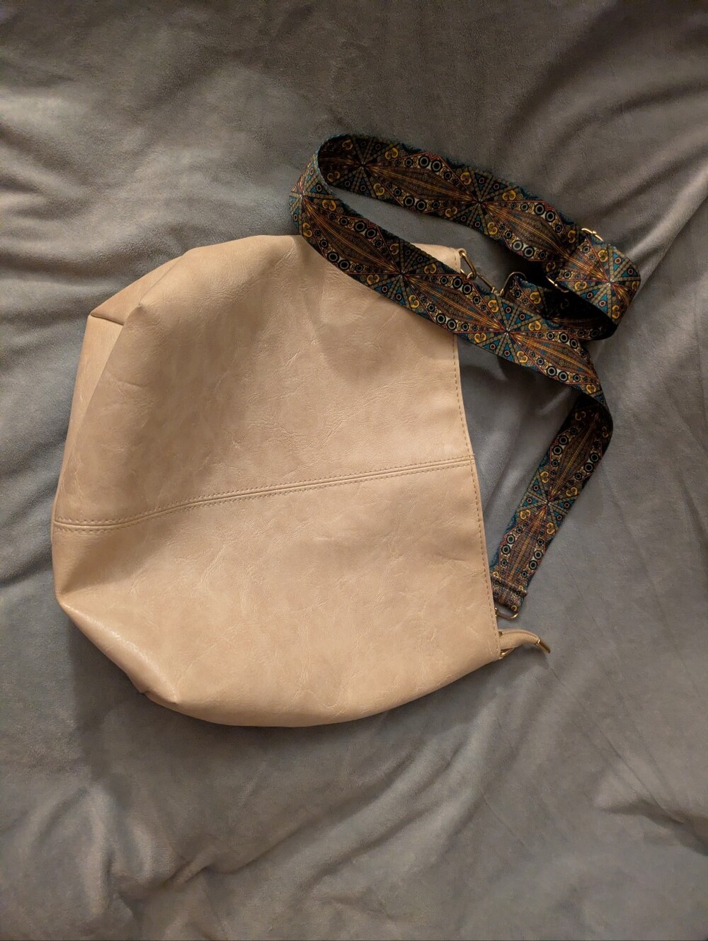 Soft Beige Women's Crossbody Bag with Patterned Geometric Strap